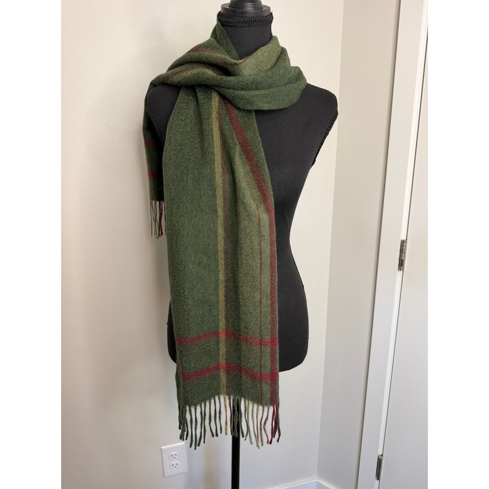 Lochmere Country Olive Plaid Scarf Merino Cashmere Blend Fringed Green Burgundy